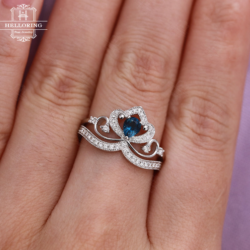 Pear shaped engagement ring white gold London blue Topaz Women Jewelry Micro pave diamond Art deco Half eternity Anniversary gift for her