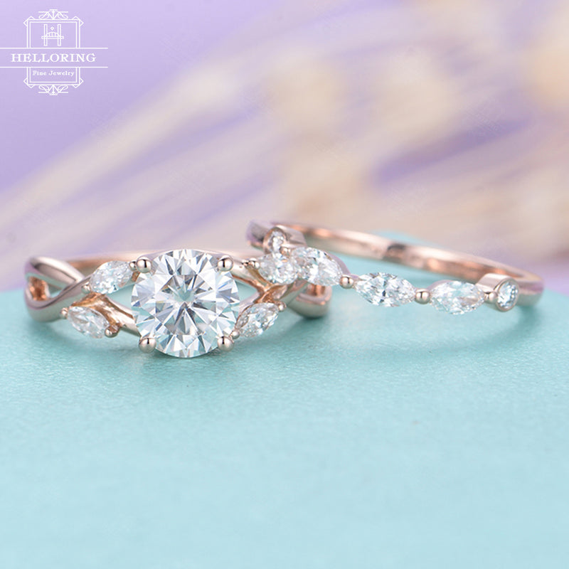 Moissanite engagement ring set Vintage 14K Rose gold Alternative Marquise diamond wedding band women Antique Flower Curved Infinity Bridal