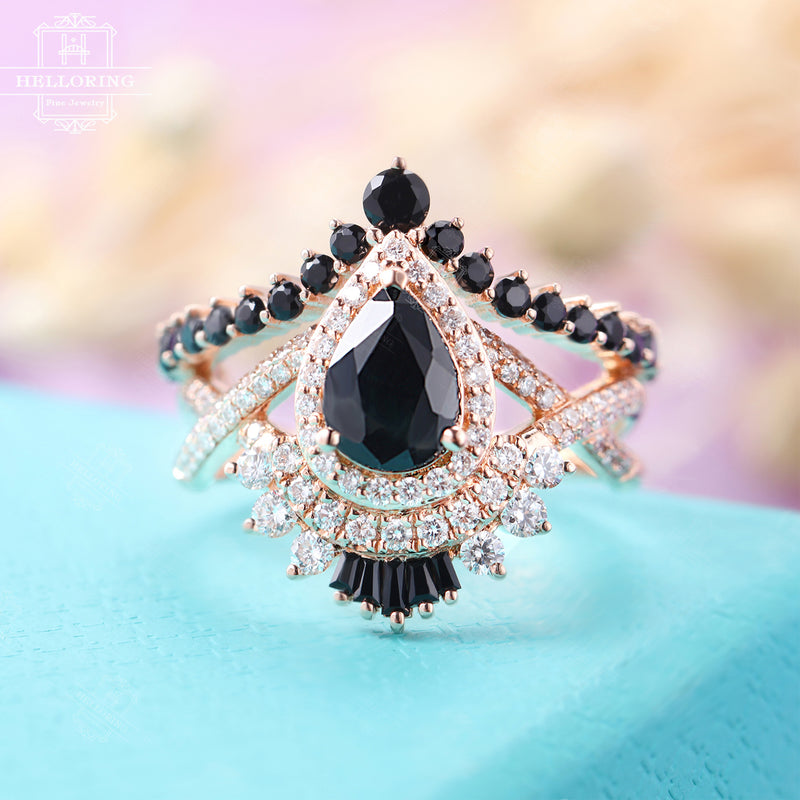 Pear Shaped Black Onyx Engagement Ring Natural Inspired Blossom Side Stone  Ring - MollyJewelryUS