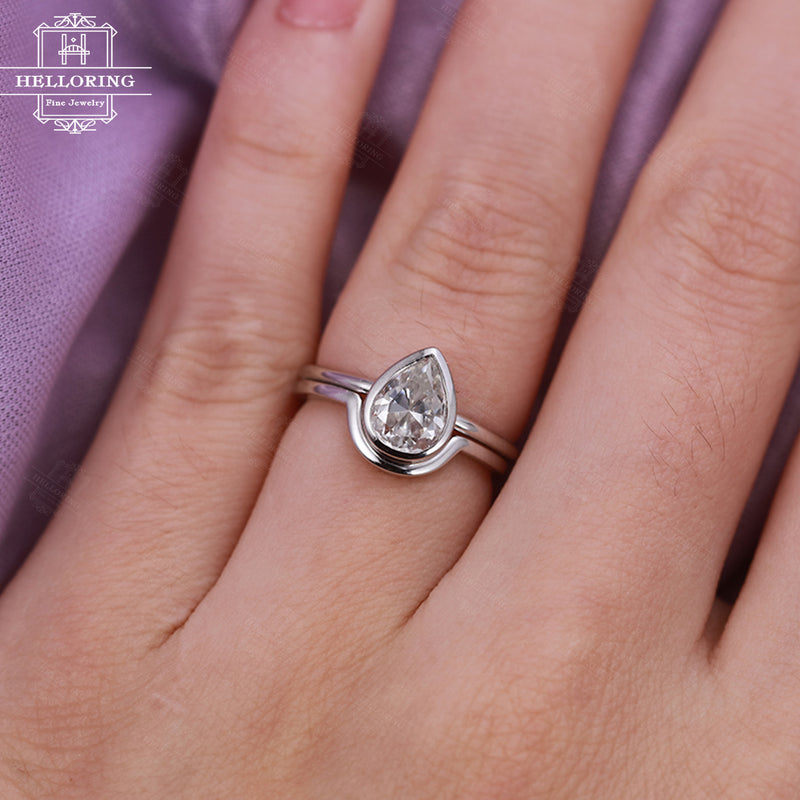 Solitaire engagement ring set White gold Women Curved wedding band Pear Shaped Moissanite Simple Plain gold ring Anniversary gift for her