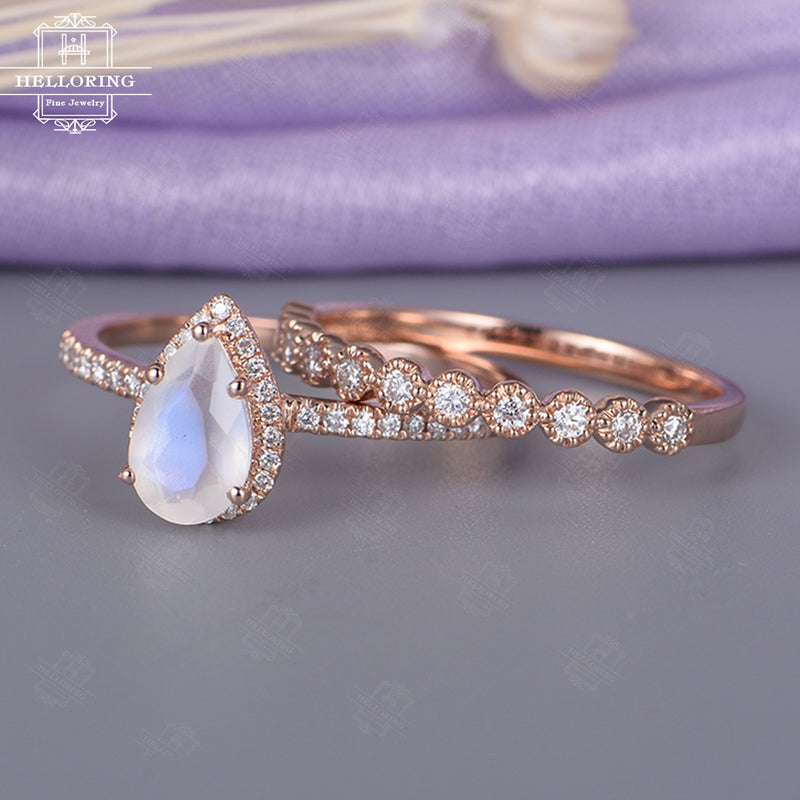 Rose Gold Moonstone Engagement Ring Vintage Delicate Diamond Wedding women Bridal set jewelry Simple Pear Shaped Cut Stacking Anniversary