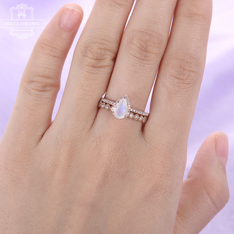 Rose Gold Moonstone Engagement Ring Vintage Delicate Diamond Wedding women Bridal set jewelry Simple Pear Shaped Cut Stacking Anniversary