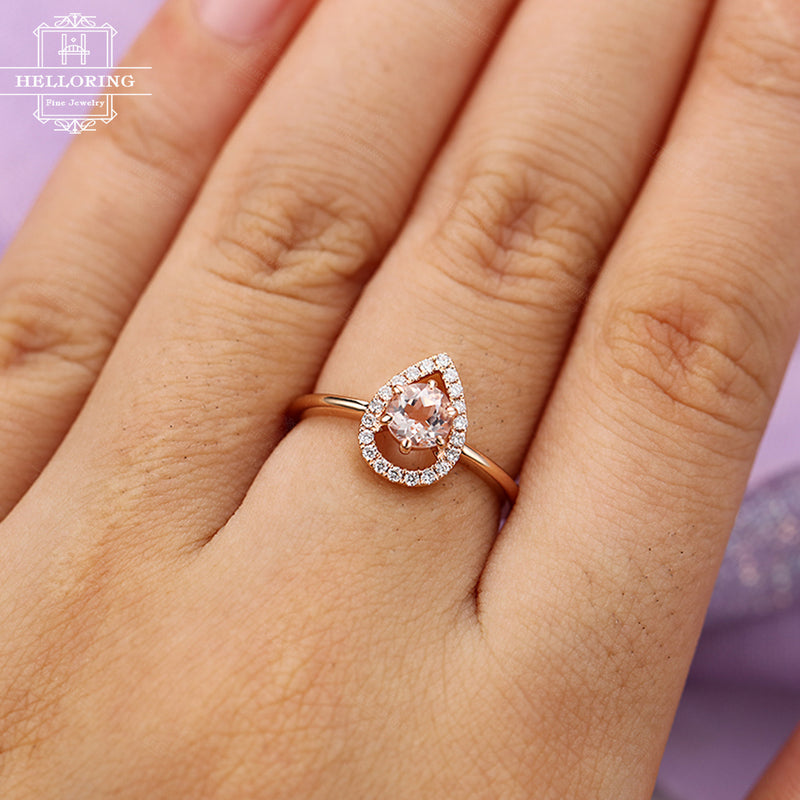 Morganite engagement ring Rose gold Halo set Diamond Unique Delicate Bridal Jewelry Anniversary gift for her Promise Prong set Alternative