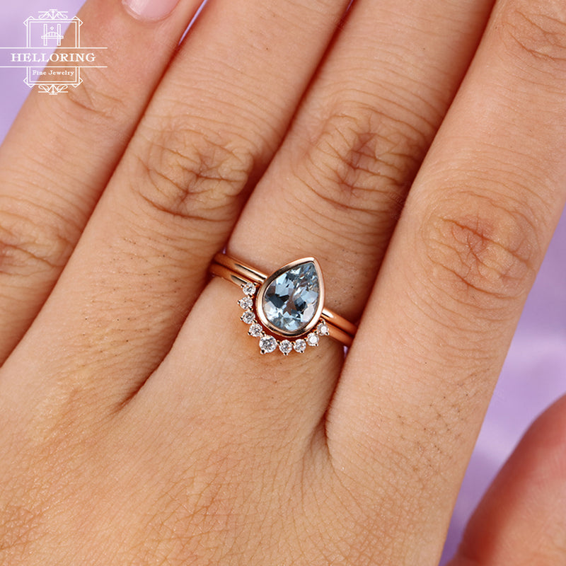 2PCS Aquamarine Engagement Ring set Vintage Diamond Wedding women Rose gold Bridal jewelry Simple Pear Shaped Cut Stacking Christmas gift
