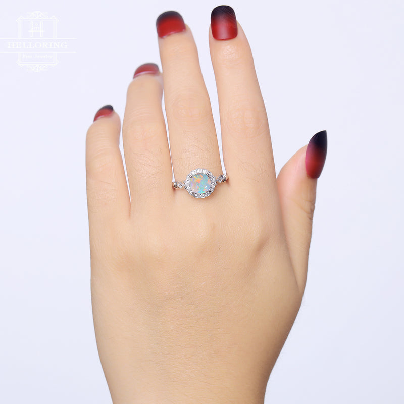 Opal Engagement Ring 14k 18k Rose Gold Round Cut Antique Art Deco Wedding  Ring Milgrain Anniversary Gift Women Set
