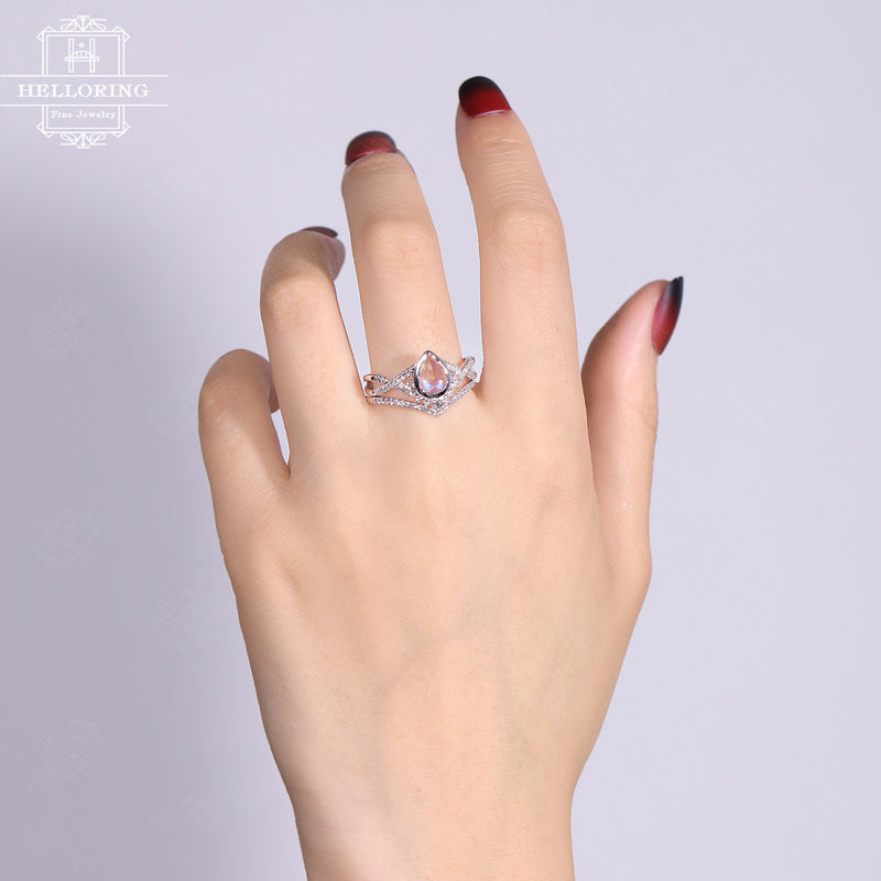 Vintage moonstone engagement ring set, Pear shaped,moissanite curved wedding band women, white Gold Bridal set, Anniversary gift