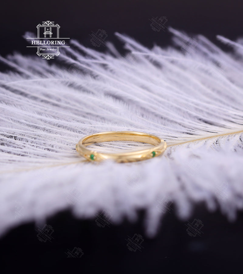 Vintage Emerald wedding band Rose Gold ring for Women, vintage milgrain wedding band