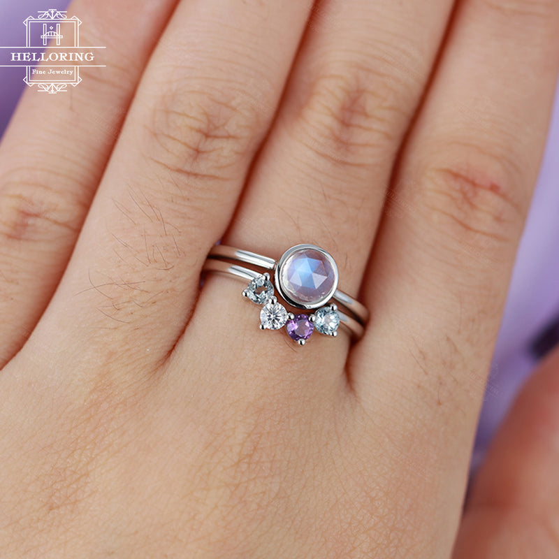 Moonstone engagement ring Curved wedding band Aquamarine Moissanite Amethyst Rose cut Bridal set Jewelry Anniversary gift for her Stacking