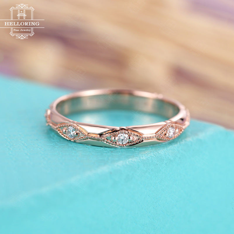 Antique Diamond Wedding Band Rose Gold Women Vintage Art Deco Eternity band Milgrain Bridal Stacking ring Stackable Promise Gift 14K,3mm