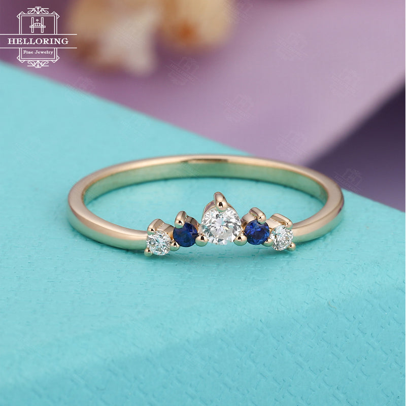 Sapphire Curved wedding band women Dainty Diamond bridal Alternative Chevron Unique Promise Stacking Birthstone Jewelry Matching band