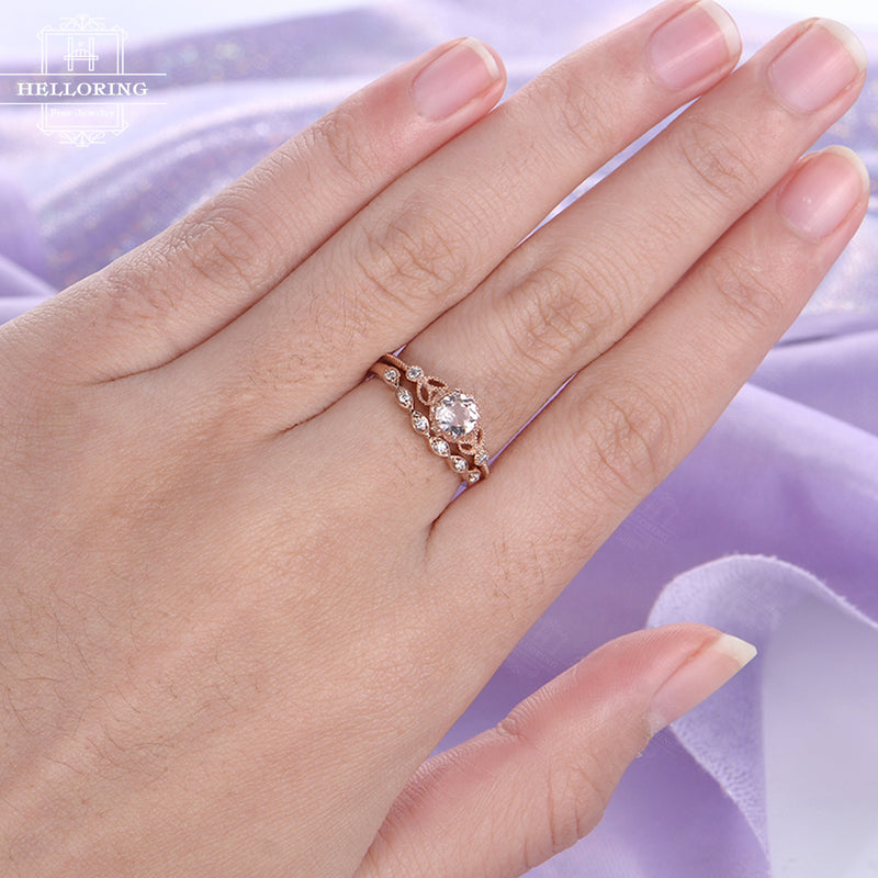 Morganite engagement ring rose gold engagement ring vintage Art deco Antique diamond wedding ring women Bridal set Jewelry Anniversary gift