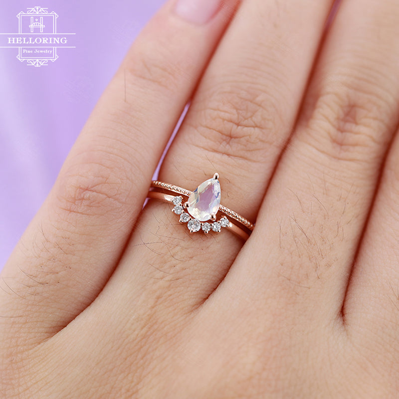 Moonstone engagement ring Rose gold Diamond wedding band Women Wedding Pear shaped Curved Milgrain Bridal Jewelry Anniversary gift for her