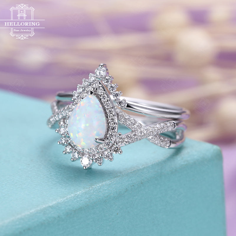 Vintage Opal Engagement ring set White gold Women, unique Pear shaped wedding ring Halo moissanite,Anniversary Gifts for her