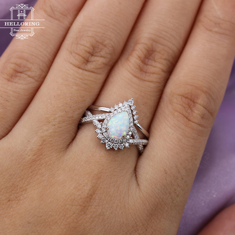 Vintage Opal Engagement ring set White gold Women, unique Pear shaped wedding ring Halo moissanite,Anniversary Gifts for her