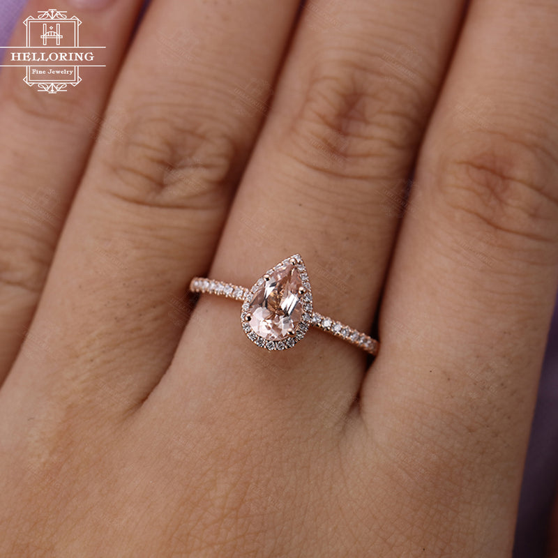 Pear shaped engagement ring Rose gold Morganite engagement ring Women Wedding Halo diamond Anniversary gift for her Bridal set Half eternity