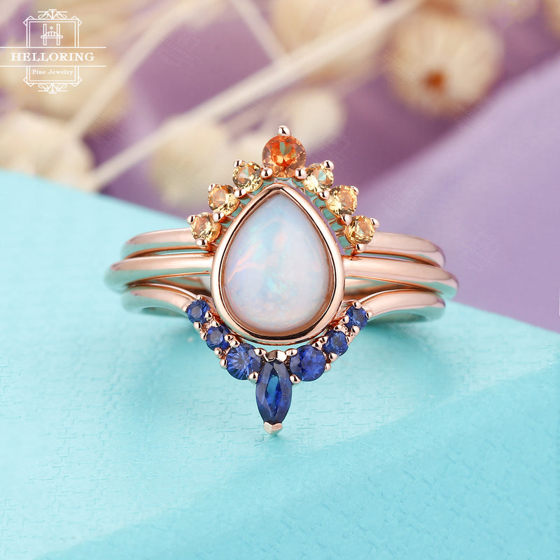 Opal engagement ring set women,Pear shaped wedding ring rose gold,Orange Sapphire Marquise cut Blue Sapphire ring,Anniversary gifts for her