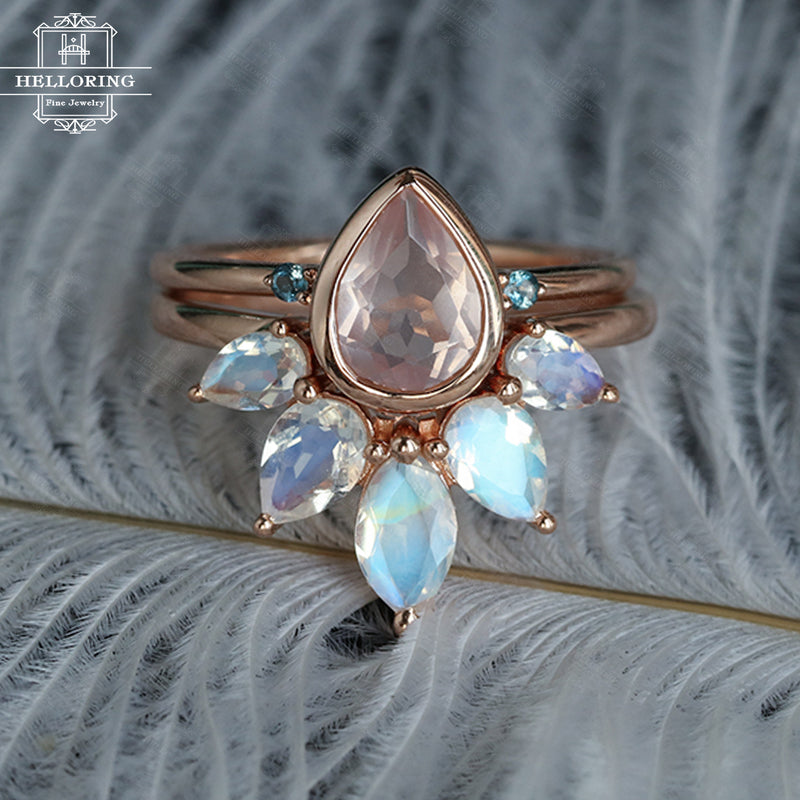 Rose quartz engagement ring set Moonstone wedding band 14k Rose gold/ Size Topaz Pear shaped Marquise cut ring