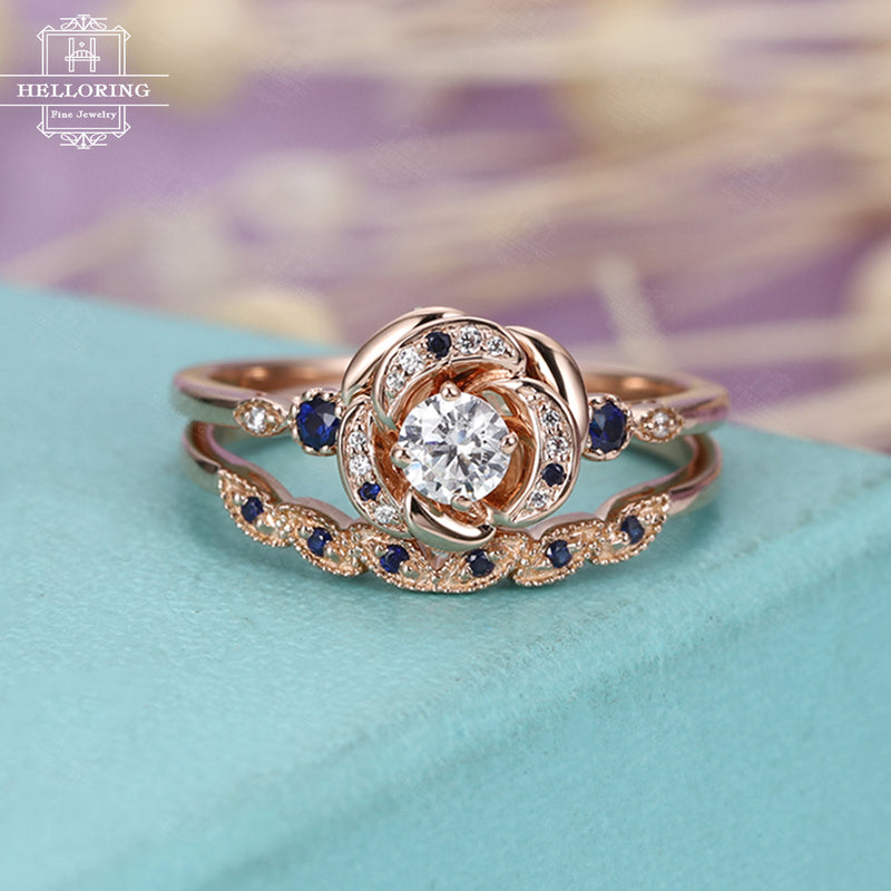 Art deco engagement ring,moissanite sapphire diamond ring rose