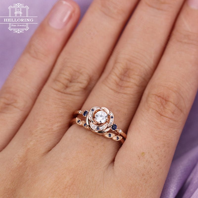 Art deco engagement ring,moissanite sapphire diamond ring rose gold,Vintage Wedding band,Anniversary gift for Women,Unique Jewelry,Flower
