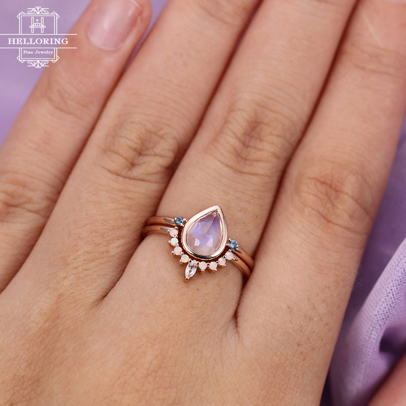 Pear shaped Moonstone Engagement ring set 14k Rose Gold Size 6, Marquise Diamond London Blue Topaz Opal Wedding band