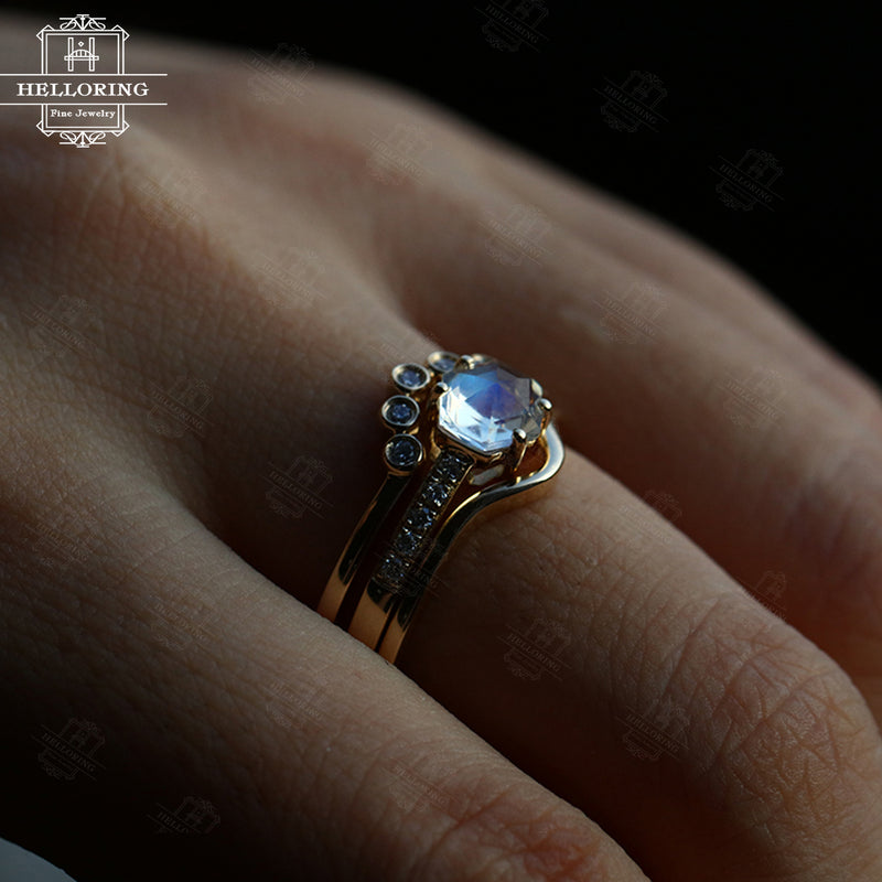 Moonstone engagement ring Curved diamond wedding band Plain gold ring Hexagon Unique Vintage Bridal set Jewelry Gift for women Anniversary