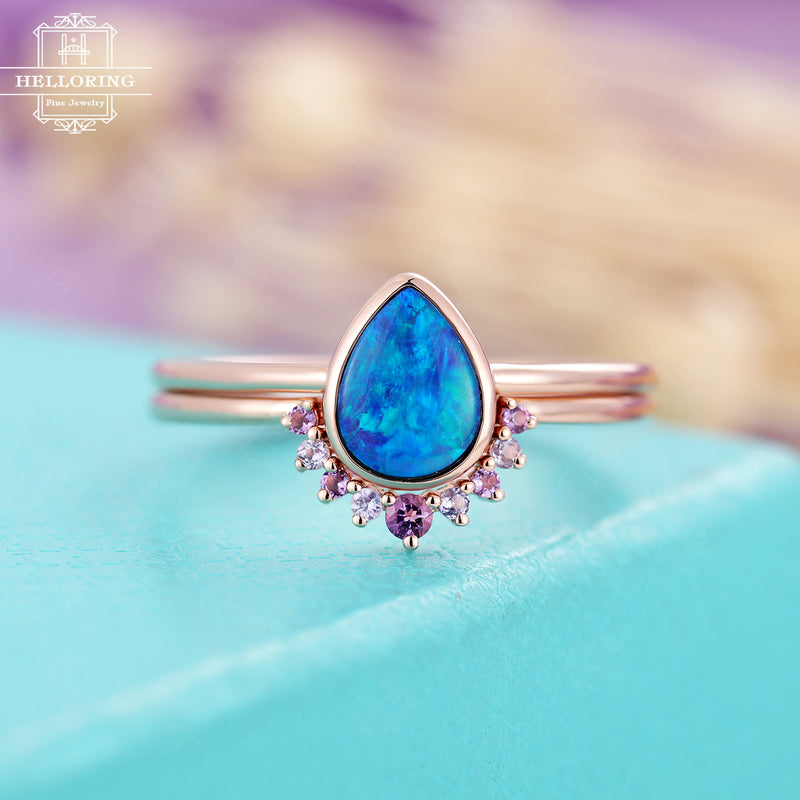 Doublet opal engagement ring set Pear shaped, Tanzanite and Amethyst band women,Rose Gold,Unique alternative band,Bridal set,Vintage Jewelry