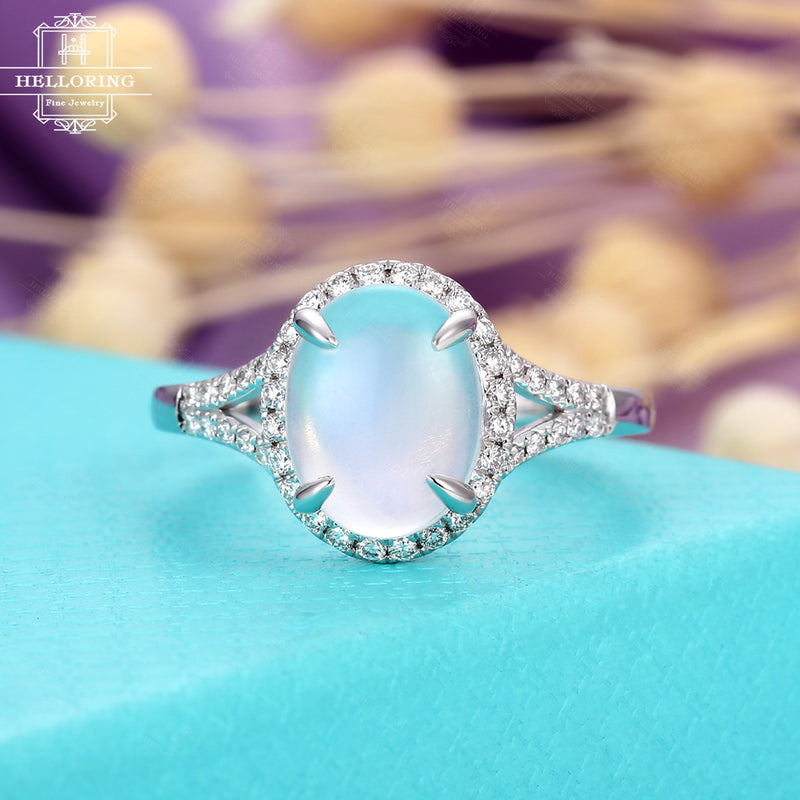 Oval Moonstone engagement ring,prong set,white gold, split shank