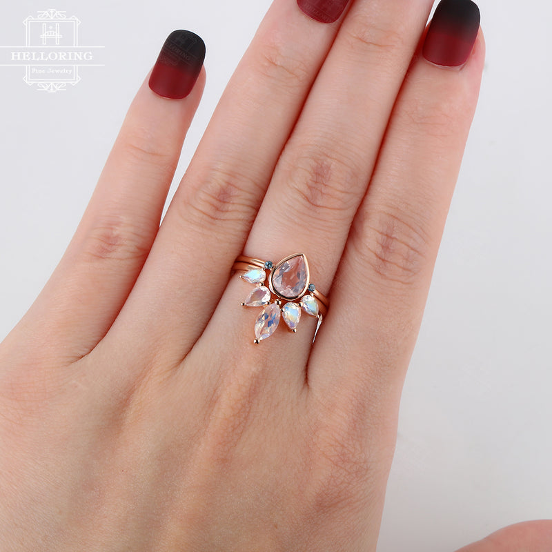 Rose quartz engagement ring set Women Moonstone wedding band Rose gold London Blue Topaz Jewelry Pear shaped Marquise cut ring Gift for her