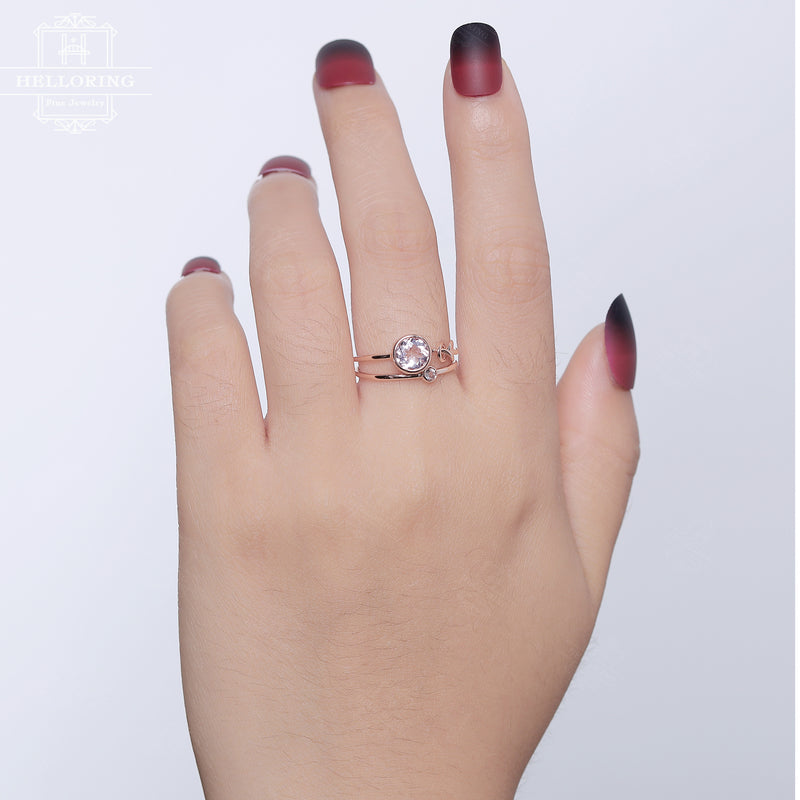 Unique Engagement Ring set Morganite Rose Gold Wedding Women Bridal Jewelry Love knot Stacking simple Delicate ring anniversary gift for her
