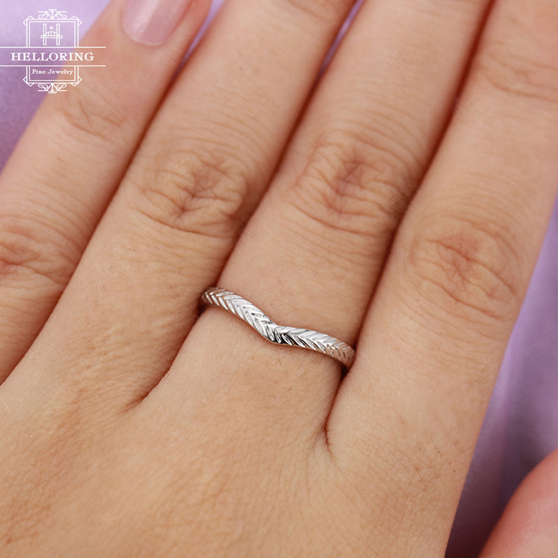 Wedding band women white gold Curved Chevron Matching Stacking Bridal Jewelry Anniversary gift for her Unique Promise Plain gold ring Simple