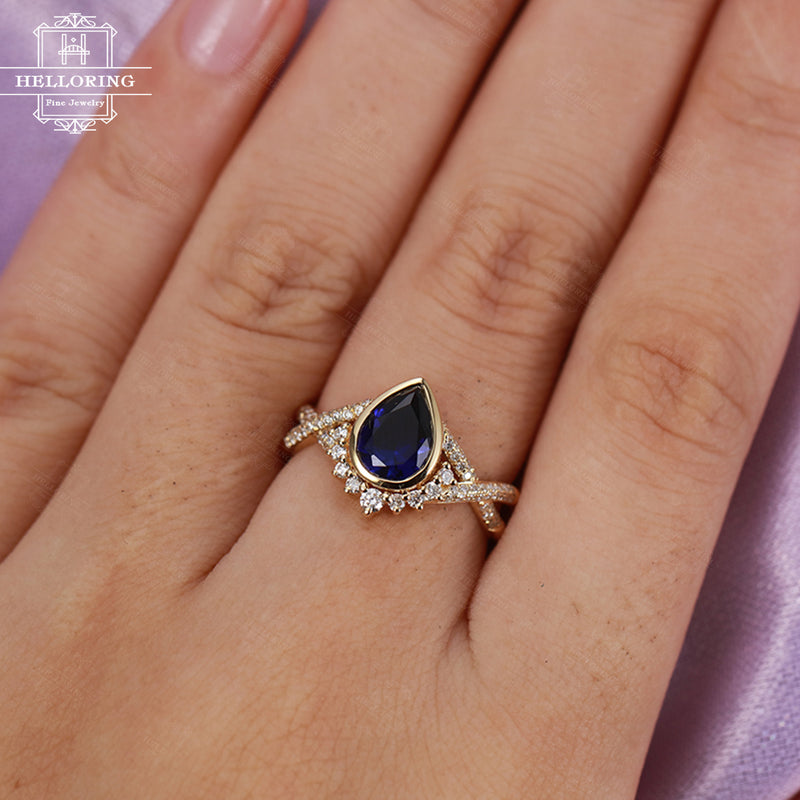 Blue sapphire engagement ring Pear shaped engagement ring Women Wedding Diamond Vintage Antique Bridal Jewelry Anniversary gift Twisted band