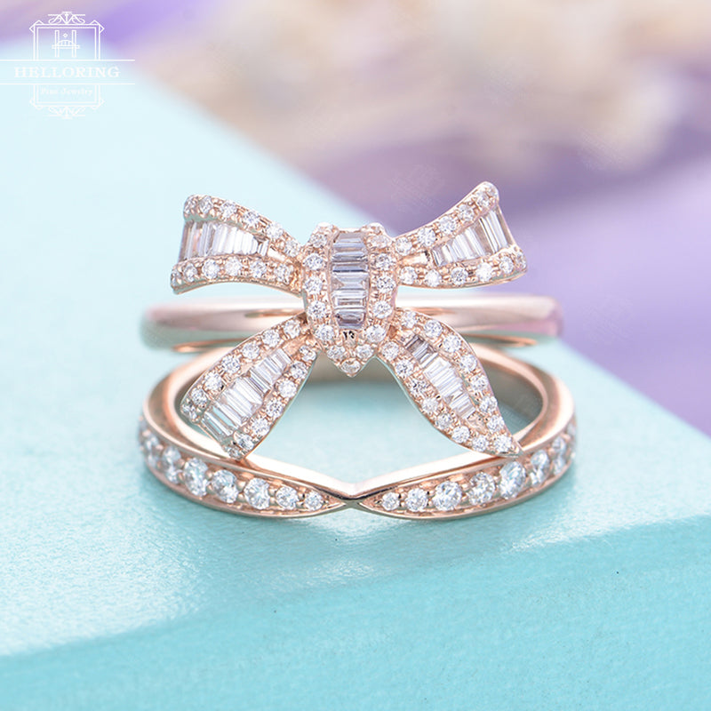Diamond Engagement ring Rose Gold Unique wedding band Women Baguette Bow ring Bridal set Jewelry Half eternity Anniversary gift for her