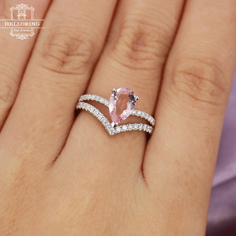 Pear shaped Morganite engagement ring White gold Women Wedding Diamond Unique Curved Prong set Jewelry Anniversary gift for her Micro pave