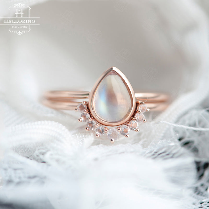 Moonstone engagement ring Rose Gold Rose quartz Wedding band Women