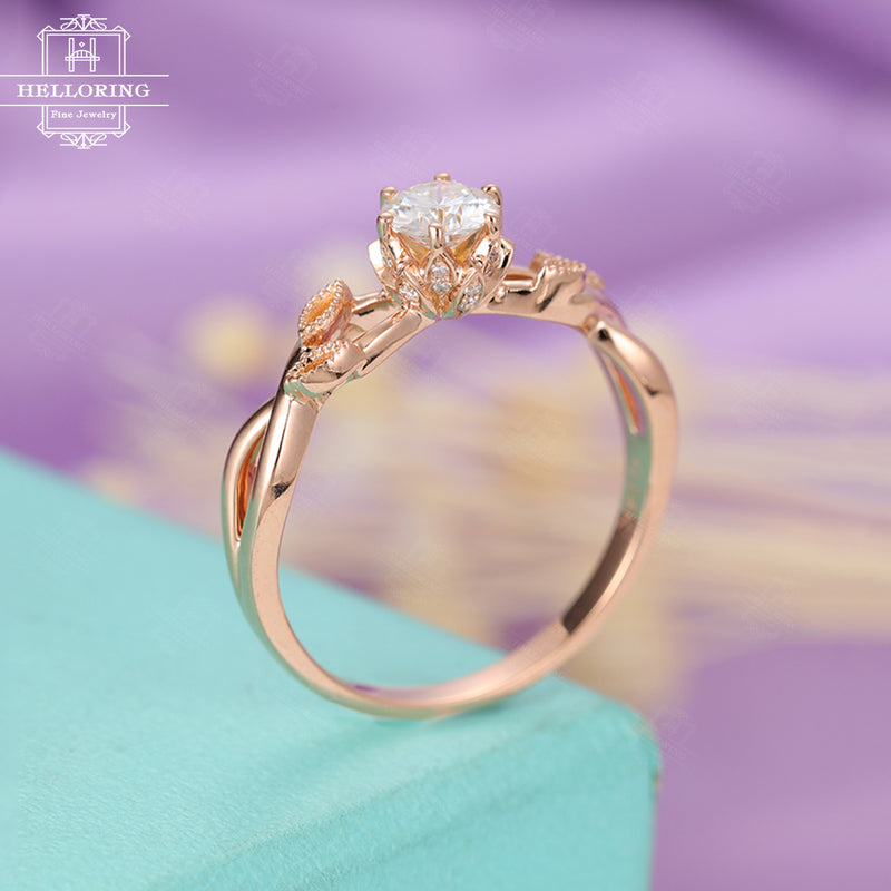 Moissanite engagement ring Rose gold engagement ring Women Wedding Diamond Milgrain Unique Leaf ring Bridal Jewelry Anniversary gift for her