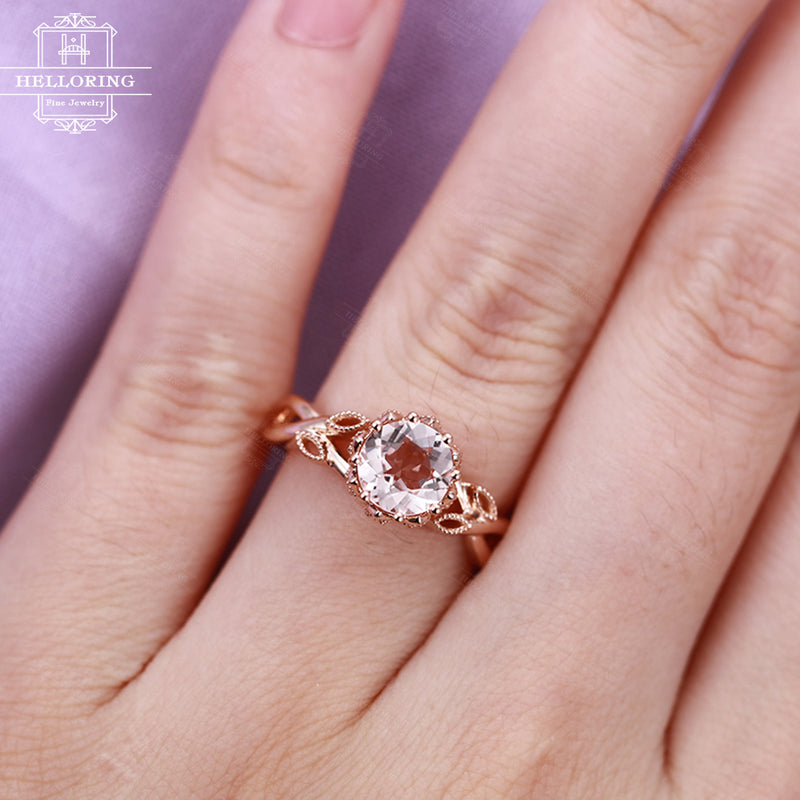 Morganite engagement ring Vintage Rose gold Diamond Women Wedding Jewelry Unique Leaf Art deco Milgrain Anniversary gift for her Twisted