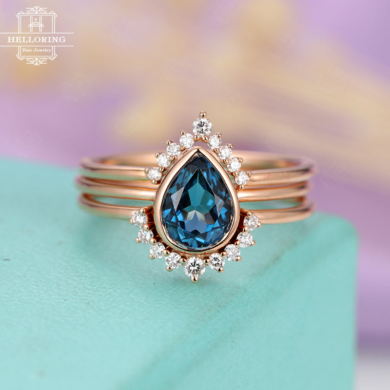 3pcs Topaz Engagement Ring London blue Rose Gold Diamond Wedding band Women Bridal set Jewelry Pear Shaped Stacking Anniversary gift for her