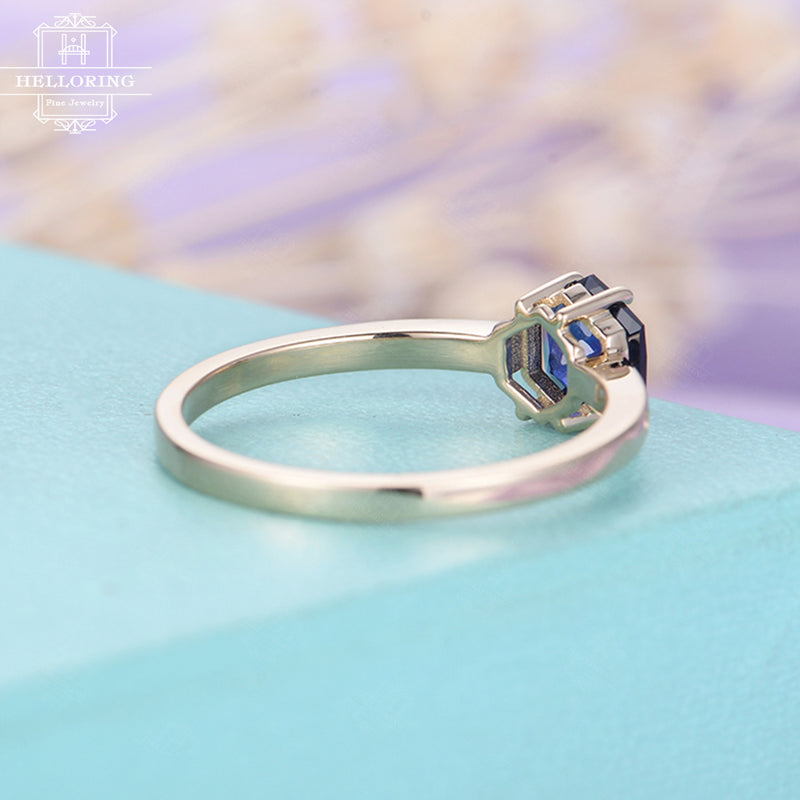 Sapphire engagement ring Unique engagement ring Women Wedding Hexagon Diamond Vintage Antique Bridal Anniversary Birthstone gift for her