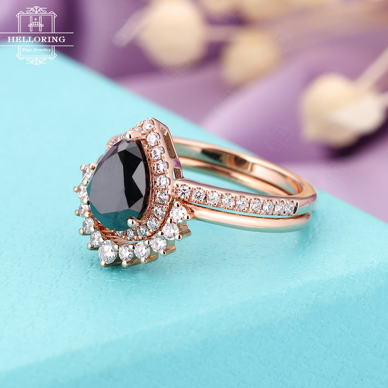 Black onyx engagement ring set 14k Rose gold Women Pear shaped Black Sapphire Vintage Halo Diamond Wedding band Anniversary gift for her