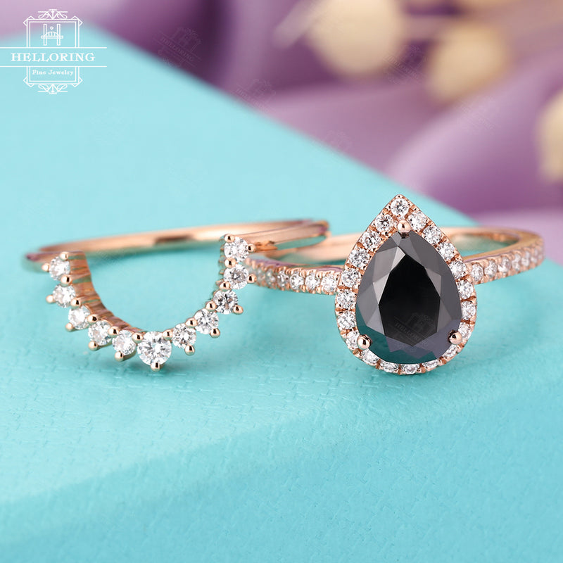 Black onyx engagement ring set 14k Rose gold Women Pear shaped Black Sapphire Vintage Halo Diamond Wedding band Anniversary gift for her