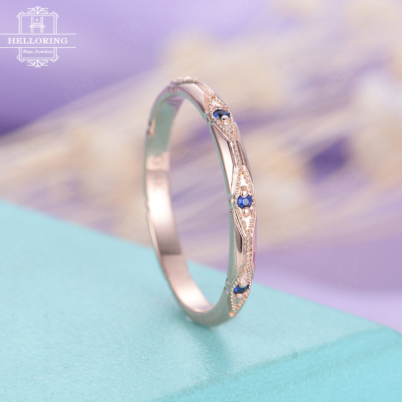 Vintage wedding band Sapphire wedding band Rose gold Women Unique Antique Art deco Bridal Jewelry Stacking Matching Anniversary gift for her