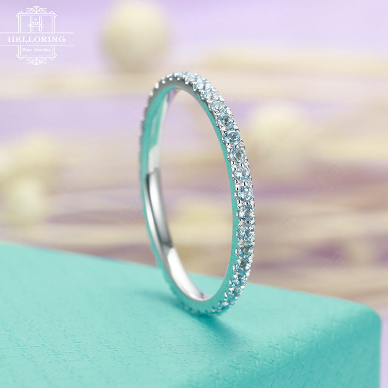 Stacking ring Blue Topaz Wedding Band women Eternity matching band Bridal Jewelry Birthstone Micro Pave Promise Everyday Anniversary gift