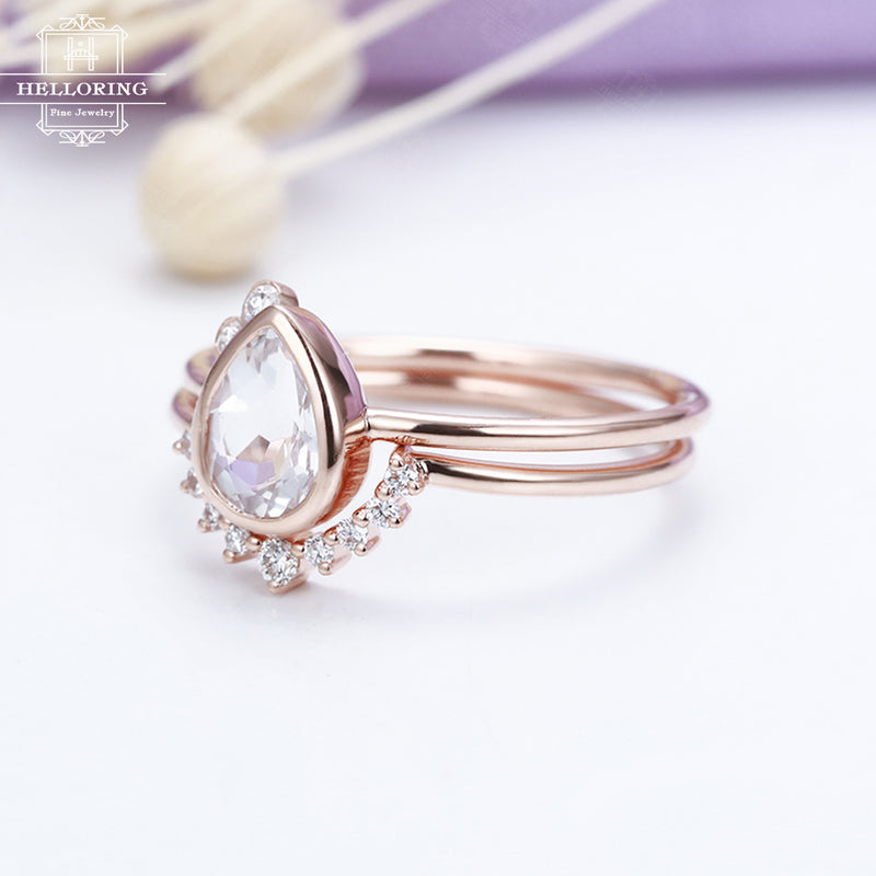 Unique Topaz engagement ring rose gold Pear shaped cut Vintage Curved diamond wedding ring set Bridal Jewelry Anniversary gift for women