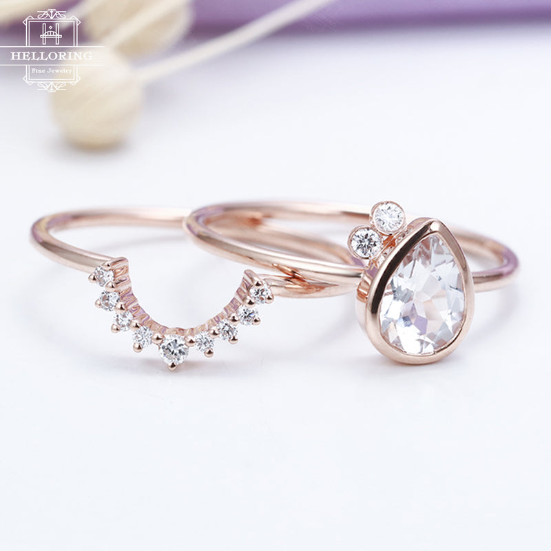 Unique Topaz engagement ring rose gold Pear shaped cut Vintage Curved diamond wedding ring set Bridal Jewelry Anniversary gift for women