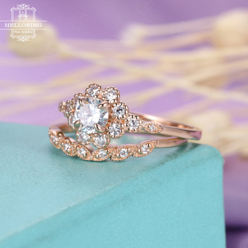 Vintage Style Moissanite Engagement Ring and Wedding Band Diamond Sett – Moissanite  Rings