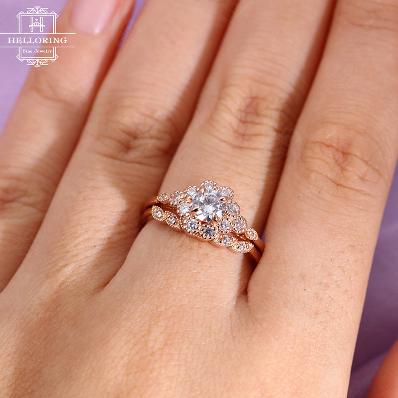 Moissanite engagement ring Rose gold Curved Diamond wedding band Women Unique Leaf ring Flower Jewelry Bridal set Anniversary gift for her