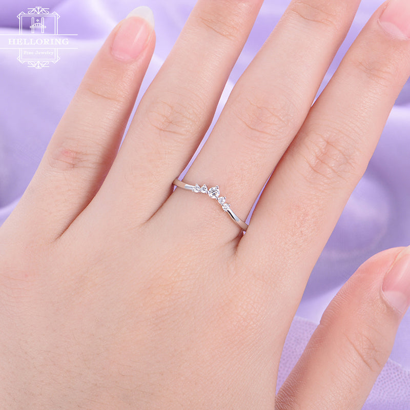 Curved wedding band Diamond wedding band Women Chevron Unique Bridal Jewelry Matching Stacking Dainty Five stone Anniversary gift for her