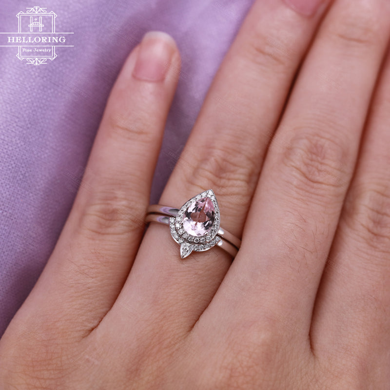 White gold engagement ring with a pear shaped pink morganite and halo diamonds Curved Wedding band Women Jewelry Anniversary gift for her