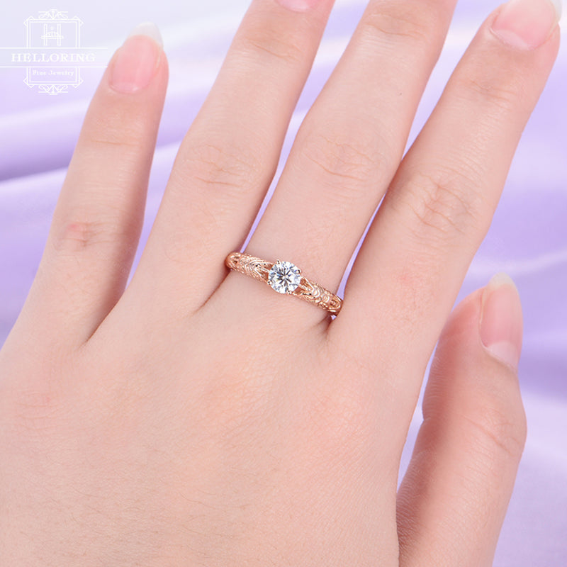 Rose gold Engagement ring Vintage Moissanite Wedding band women antique Dainty Stacking Promise Stackable Matching band gift for her