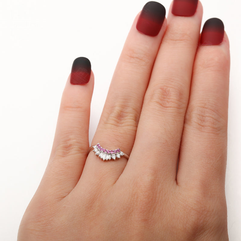 Unique wedding band white gold women, Pink Sapphire Baguette cut diamond ring, Curved matching jewelry, Anniversary gifts for her promise